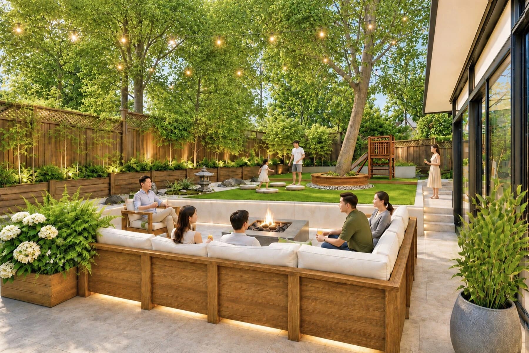 A sunken lounge and outdoor living rooms designed around a mature tree