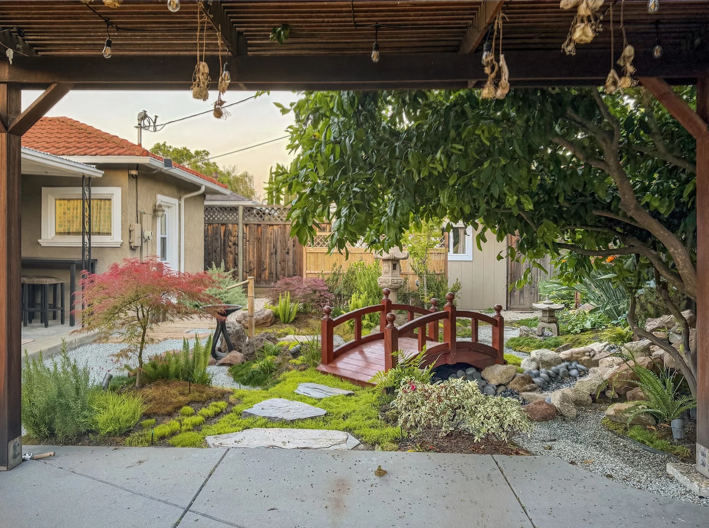 A view into the completed garden framed by the existing pergola